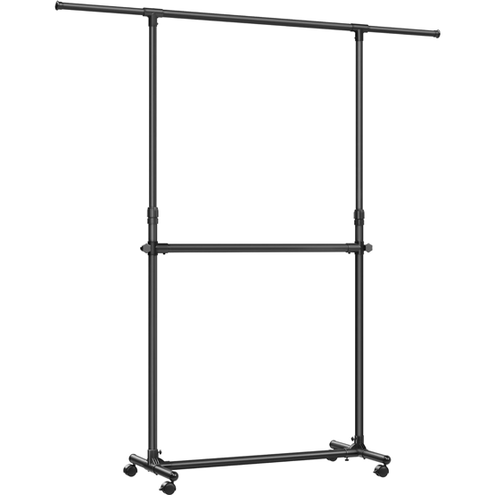 SONGMICS Suport haine cu doua bare, roti blocabile, inaltime reglabila, cadru metalic, 101x49x113-180 cm, negru