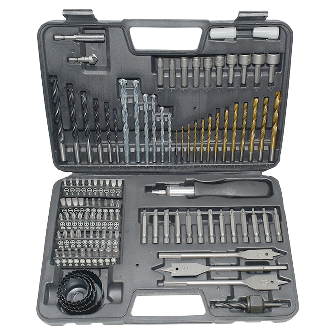 Set Scule Profesionale, Vafy, Set 111 buc, Accesorii Multifunctionale pentru Gaurire si Insurubare, Burghie Lemn, Metal, Zidarie, Cutie Transport, 30 x 20 x 6 cm, Negru
