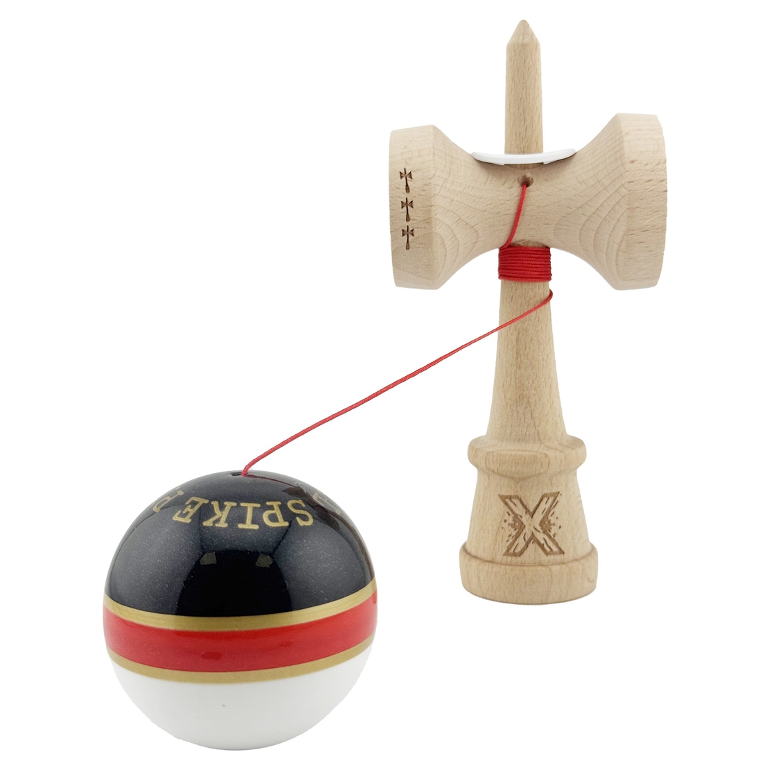 Kendama X Originala ROYAL SPIKE, Profesionala, Flippy, Cupe Mari KING SIZE V3, Super Sticky, Gaura in Baza, Rulment Metalic, din lemn 18 cm, Ata 62/65 cm, Inel Rosu