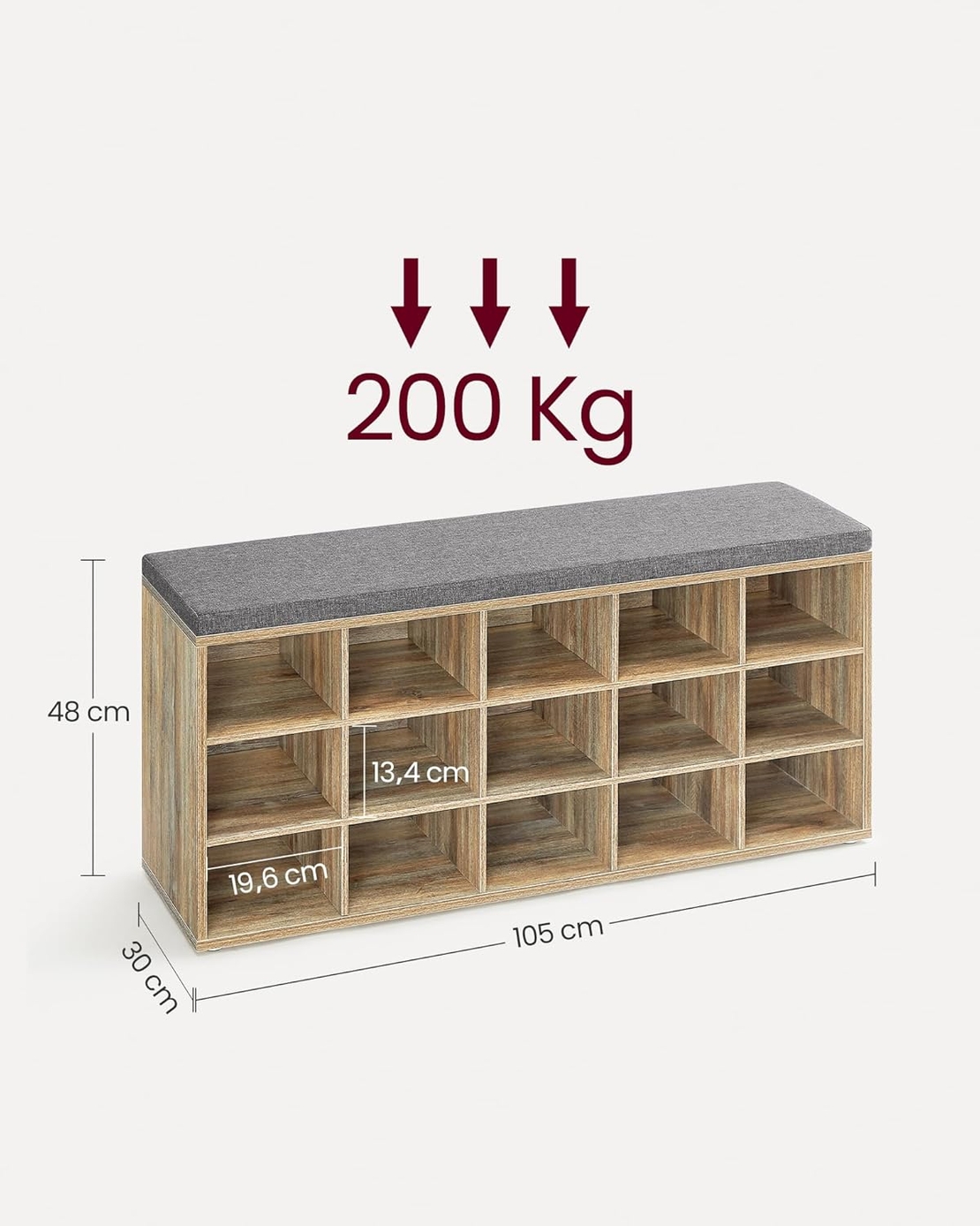 VASAGLE Banca pantofi cu sezut si perna, 15 compartimente deschise, PAL, 105x30x48 cm, gri stejar