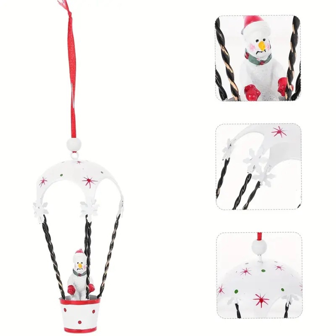 Figurina pentru Brad de Craciun, Flippy, Model Om de Zapada in Balon cu Aer Cald, Ornament pentru Brad, din Metal, 11 x 5.5 x 5.5 cm, Alb