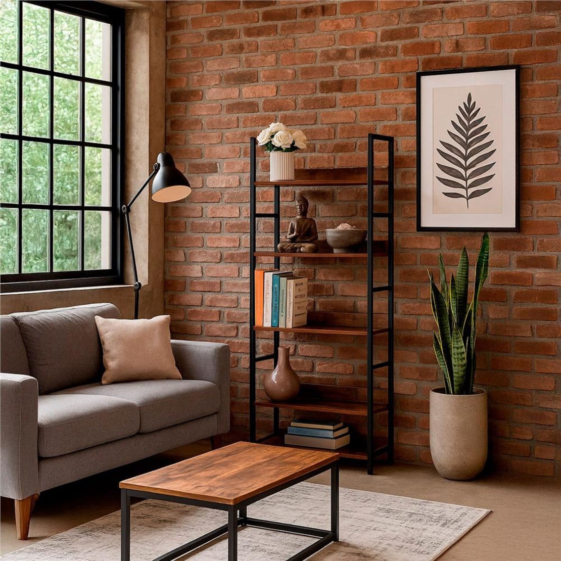 Etajera cu 4 polite din MDF si cadru metalic, stil industrial, 60x28x124.5 cm, maro inchis si negru