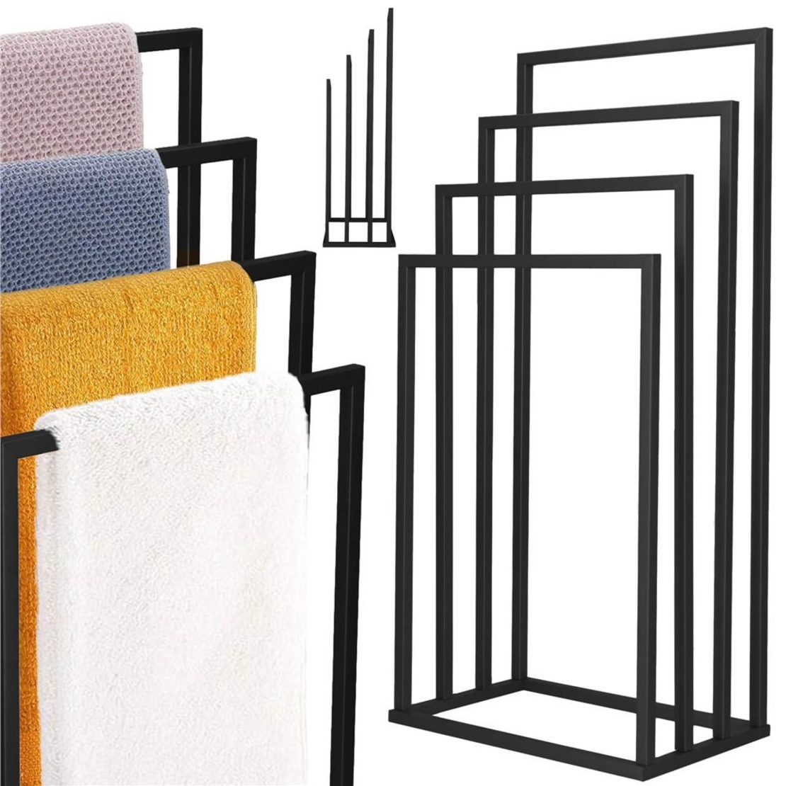 Suport metalic de baie pentru prosoape, cu 4 standuri, 96 cm, negru