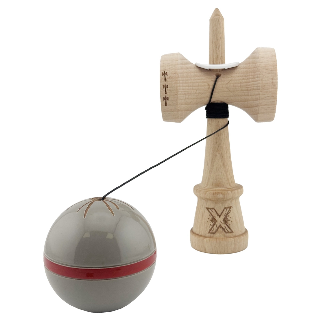 Kendama X Originala Silken, Profesionala, Flippy, Cupe Mari KING SIZE V3, Super Sticky, Gaura in Baza, Rulment Metalic, din lemn 18 cm, Ata 62/65 cm, Ice Gri