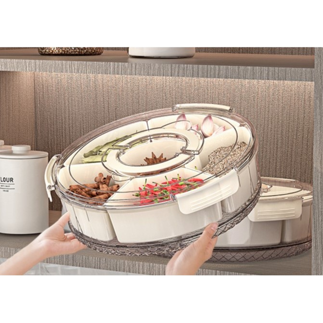Cutie de Depozitare pentru Alimente, Flippy, cu 6 Compartimente, pentru Condimente, Fructe, Legume, cu Manere de Prindere, Rotativa 360 de Grade, Inchidere Ermetica, 32x10 cm, Alba
