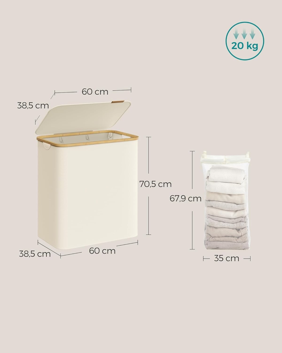 SONGMICS Cos de rufe textil, pliabil, cu 3 compartimente detasabile, 150L, 60x39x71 cm, crem