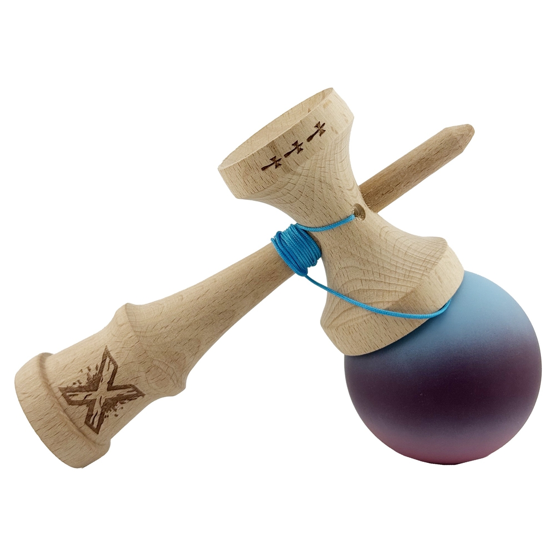 Kendama X Originala, Profesionala, Flippy, Big Cups V2, Rubber Grip cu Cupe Mari, Rulment Metalic cu Ata 55 cm, Gradient Albastru/Mov/Roz