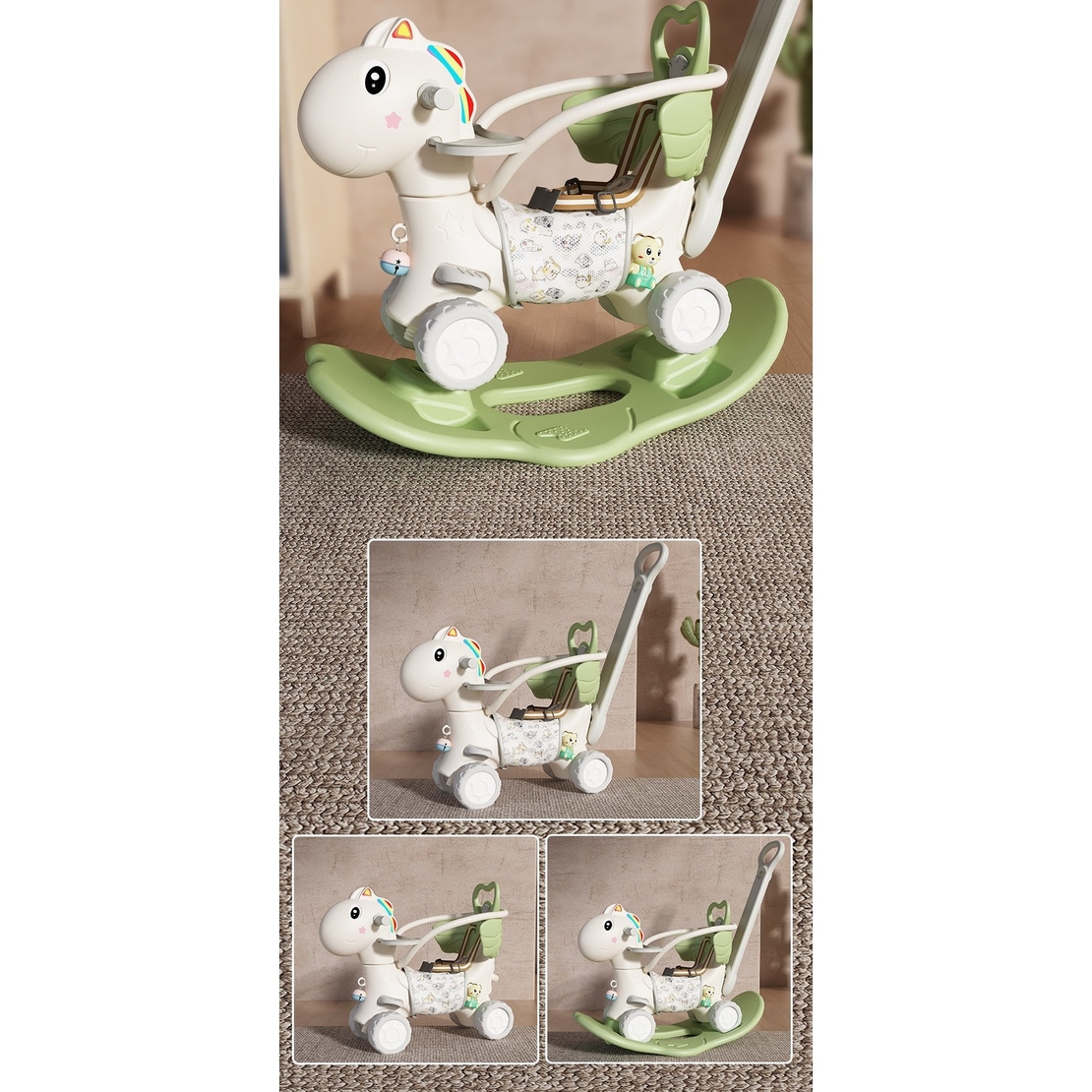 Balansoar pentru Copii, Flippy, 3in1, cu Spatar si Bara de Siguranta, Maner cu Cos de Basket, Tava de Masa, 80 x 43 x 83 cm, din Plastic, + 3 Ani, Verde
