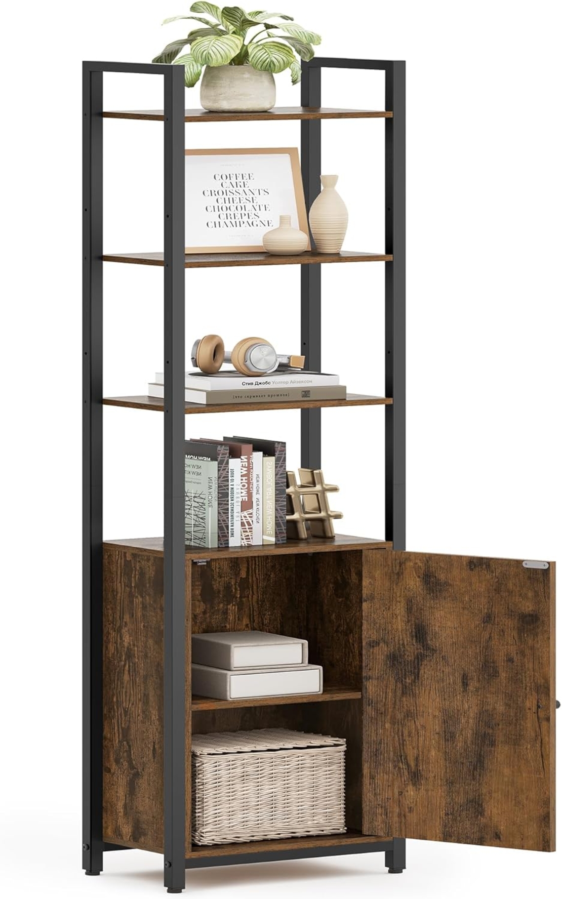 VASAGLE Biblioteca inalta cu 6 rafturi si dulap, cadru metalic, rafturi reglabile, stil vintage, 40x24x160 cm, maro rustic