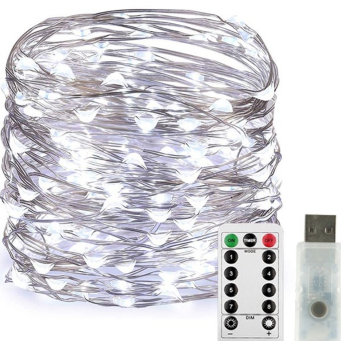 Instalatie Craciun, 5 metri, 50 LED-uri, USB, Telecomanda cu 8 functii, alb rece, Vafy