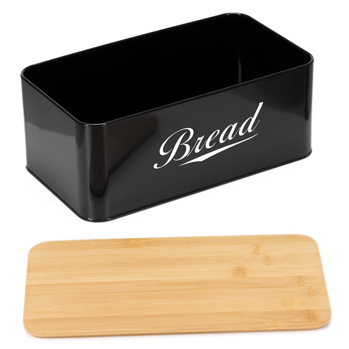 Cutie pentru paine din metal cu capac din bambus, finisaj lucios, 33x18x14 cm, negru