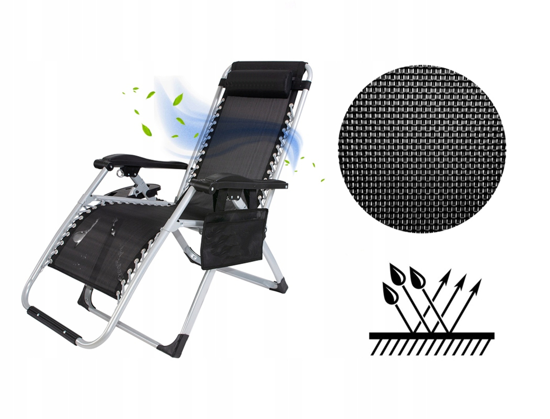 Sezlong pliabil gravitate zero, 175x65 cm, cu masuta si buzunar organizator, 120 kg, negru