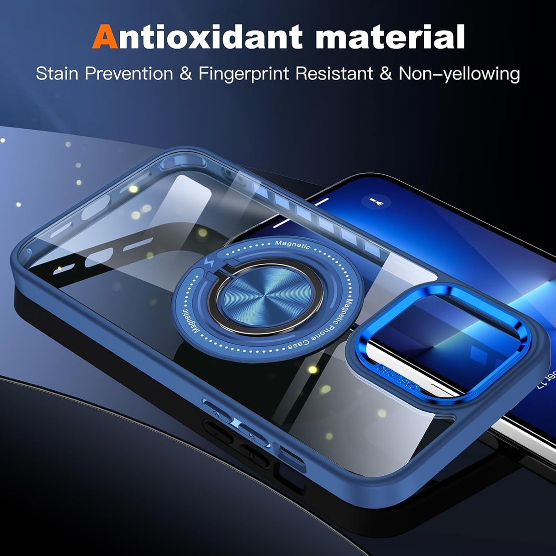 Husa de Protectie TPU, Vafy, pentru iPhone 16 Pro Max, cu Incarcare Wireless, Tehnologie Magsafe, Inel Magnetic Rotativ cu Functie de Suport, Transparent-Albastru Inchis