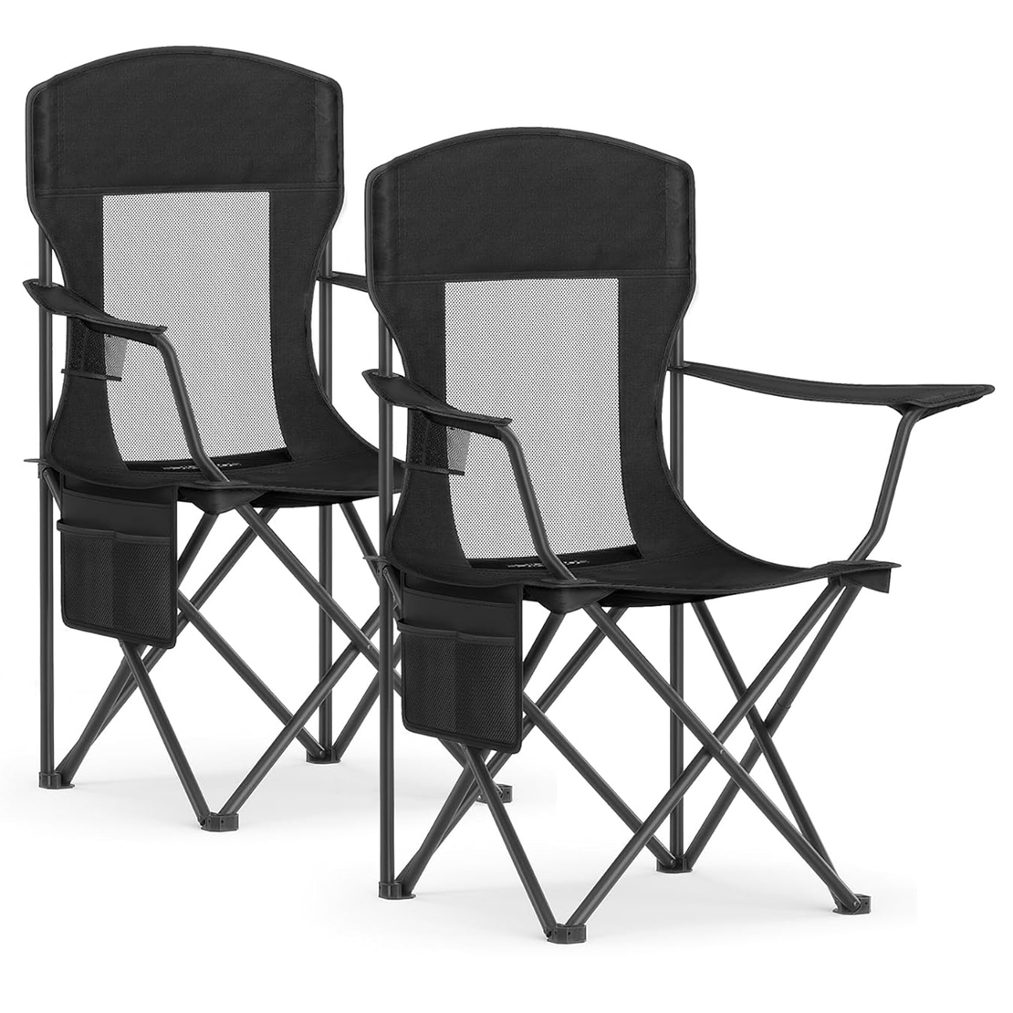 SONGMICS Set 2 scaune pliabile camping cu spatar inalt si suport bauturi, husa transport, 150 kg, 52x87x97 cm, negru