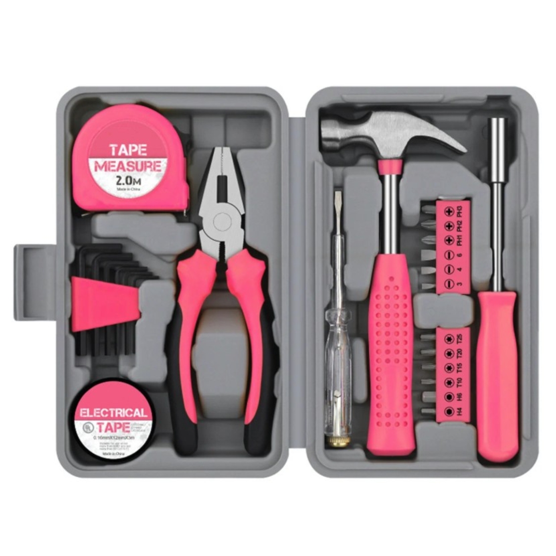 Set Scule 24 piese pentru Uz Casnic, Vafy, Instrumente Set in Trusa de Plastic Gri, din Plastic si Metal, 20 x 12.5 x 3 cm, Roz
