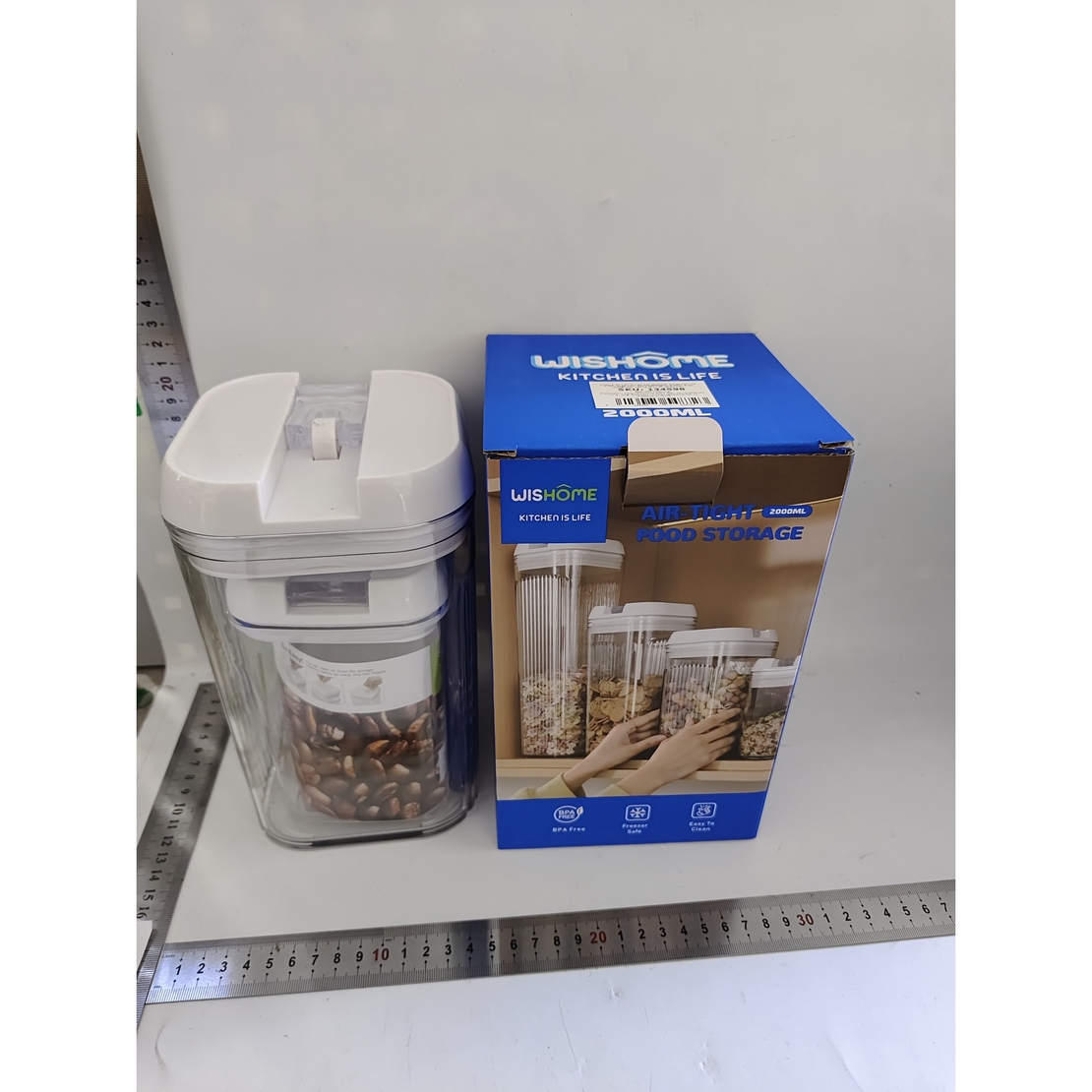 Cutii de Depozitare Alimente, Flippy, Set din 2 Cutii de tip Container, Recipiente pentru Cereale in Bucatarie, 0.8 L-10x15.5 cm, 2 L-12.5x12.5x21.5 cm, Transparente cu Capac Alb