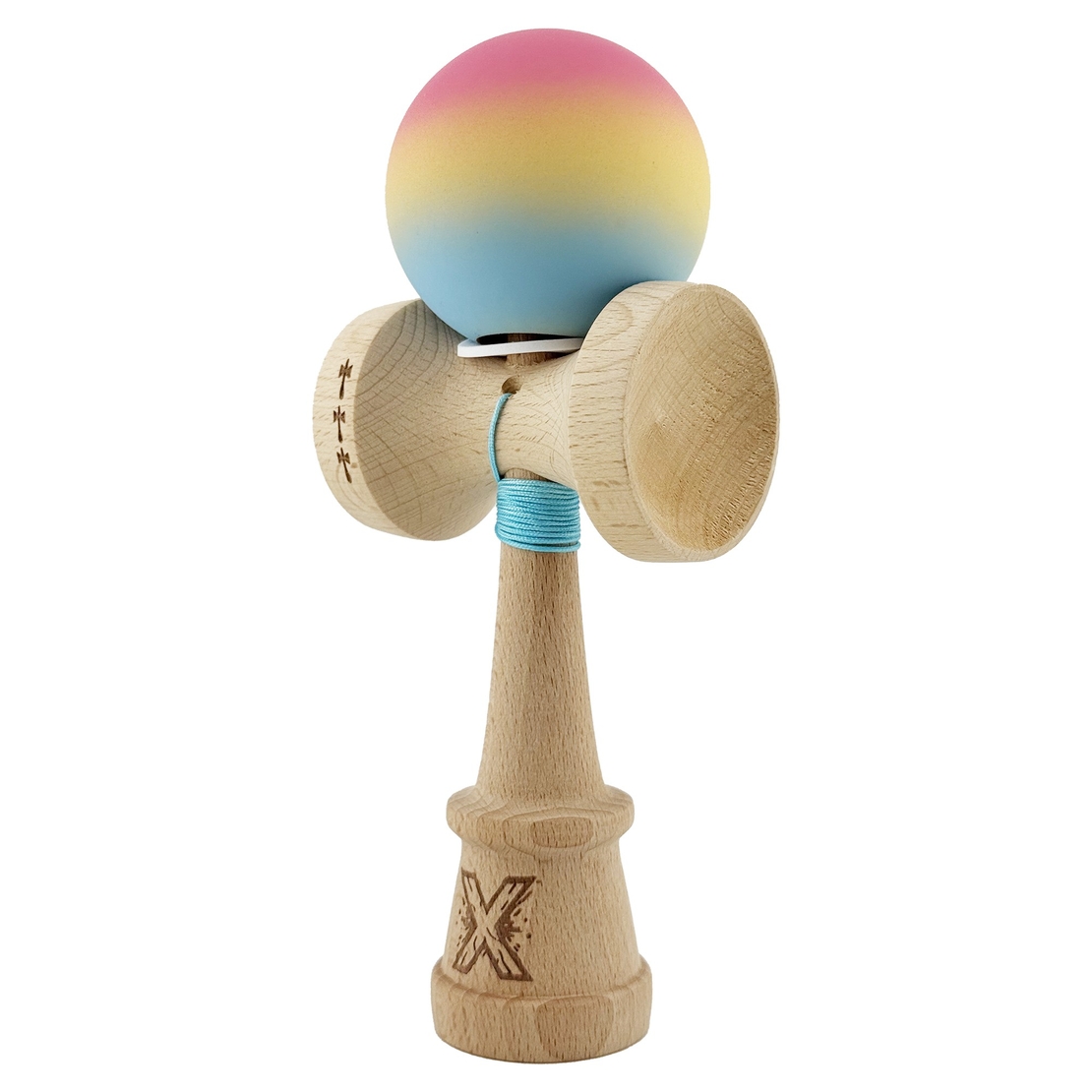 Kendama X Originala, Profesionala, Flippy, Cupe Mari KING SIZE V3, Rubber Grip, Gaura in Baza, Rulment Metalic, din lemn 18 cm, Ata 62/65 cm, Gradient Roz/Galben/Albastru deschis