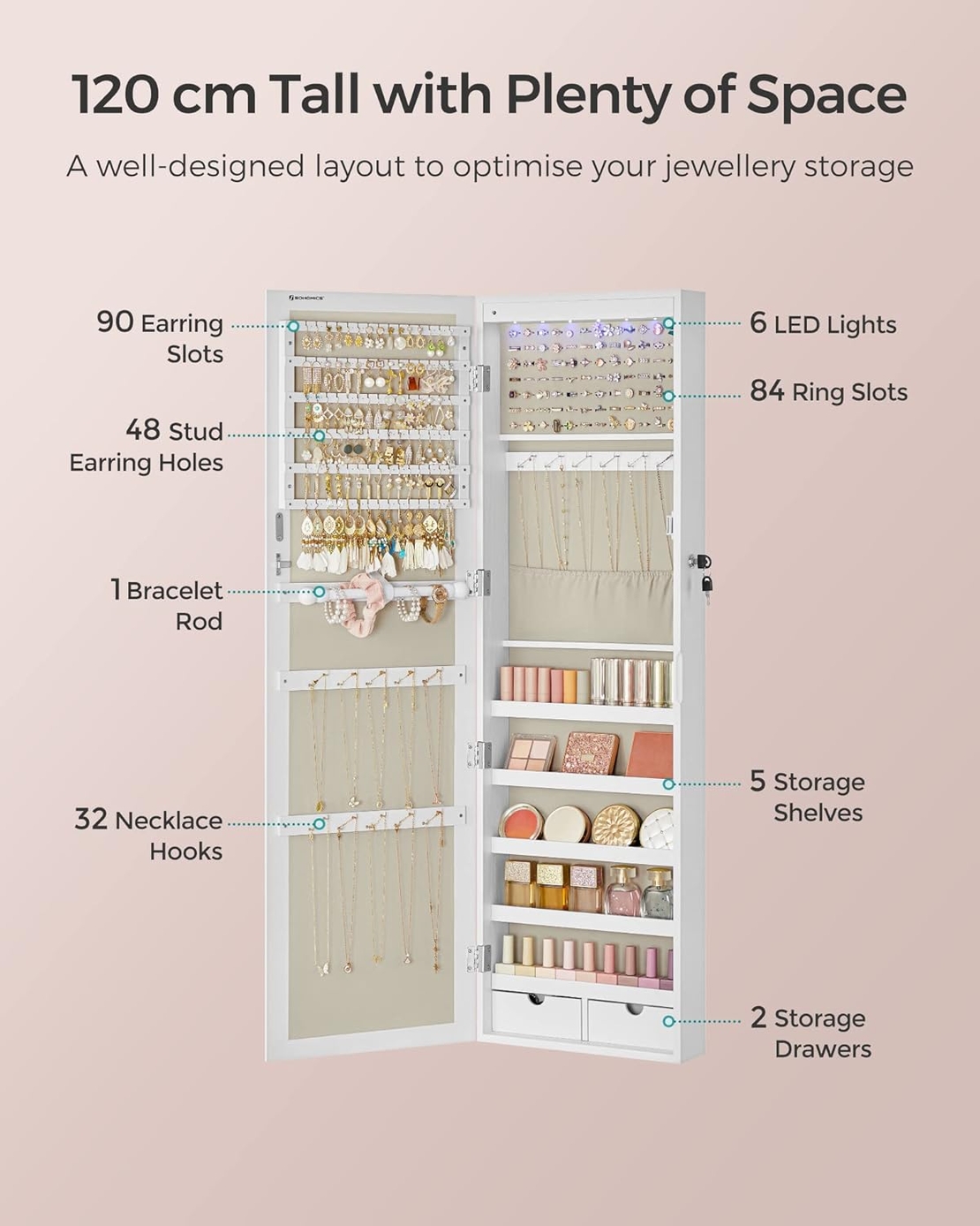 SONGMICS Dulap pentru bijuterii cu oglinda, montare pe perete sau usa, material MDF, inchidere cu cheie, 120x37x10 cm, alb
