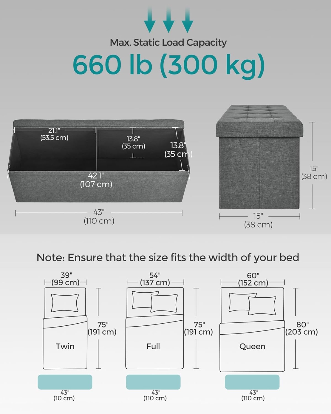SONGMICS Taburet pliabil cu sezut moale, spatiu de depozitare 131litri, maxim 300kg, 110x38x38cm, gri inchis