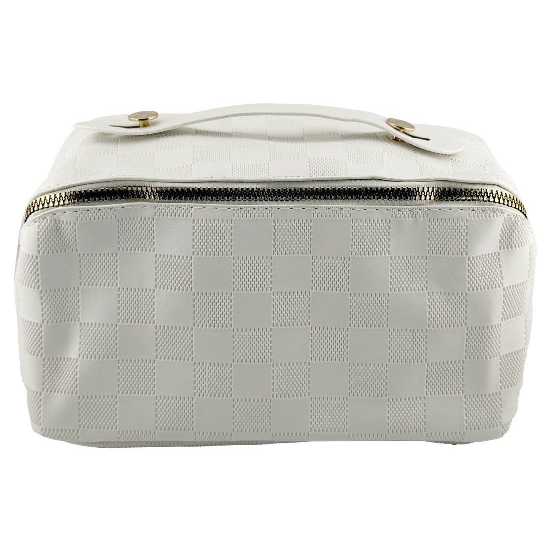 Geanta de Calatorie Flippy, Pentru Cosmetice, Portabila, Impermeabila, din Piele Ecologica, Compartimente Multiple, cu Fermoar, 22 x 13 x 12.5 cm, In Carouri, Alb