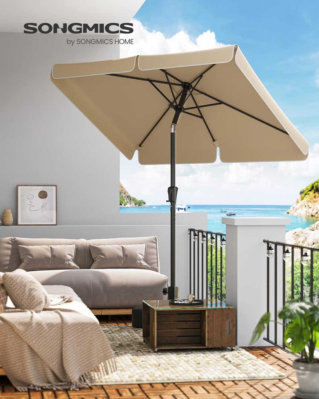 SONGMICS Umbrela de gradina cu manivela, 200x150 cm, UPF 50+, inclinare 30°, structura metalica, maro taupe