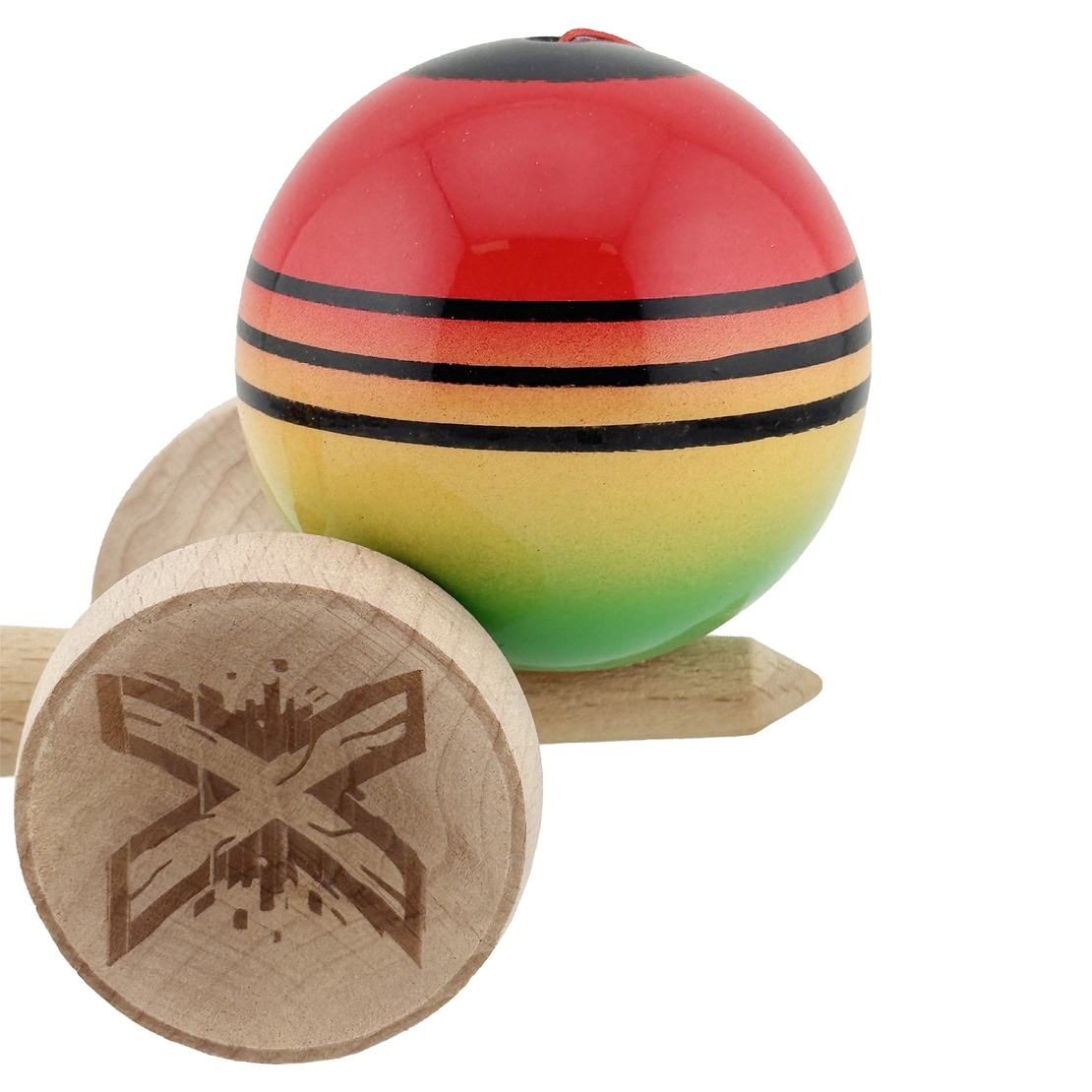 Kendama X Originala, Profesionala, Flippy, Super Sticky cu Cupe Mari KING SIZE V3, Gaura in Baza, Rulment Metalic, din lemn 18 cm, Ata 62/65 cm, Special Rosu/Verde