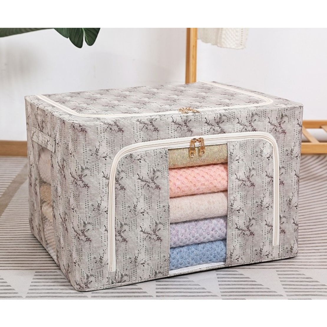 Cutie Depozitare, Vafy, 66L, din Material Textil, 50 x 40 x 33 cm, pentru Haine si Lenjerii, Model Flori de Primavara, Verde