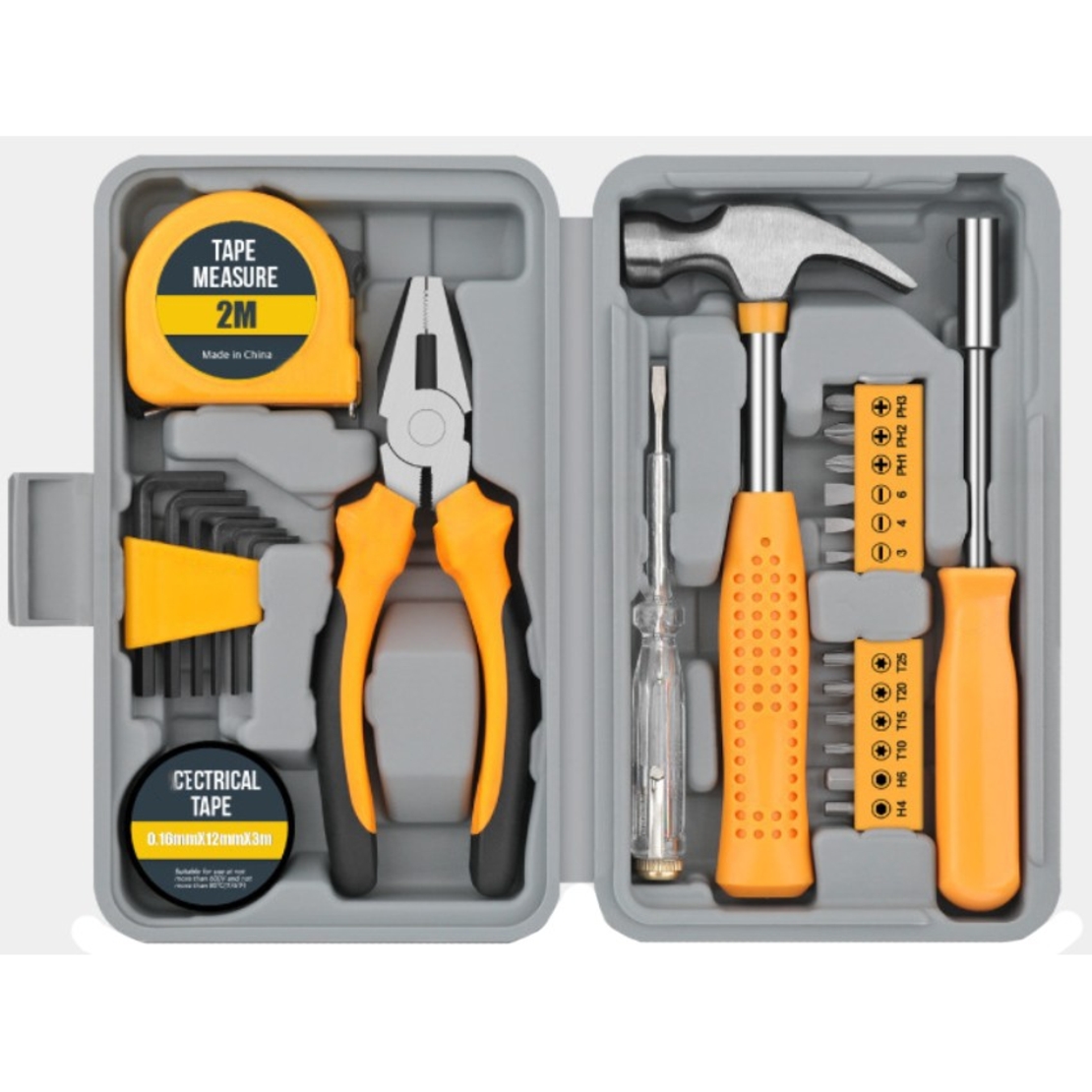 Set Scule 24 piese pentru Uz Casnic, Vafy, Instrumente Set in Trusa de Plastic Gri, din Plastic si Metal, 20 x 12.5 x 3 cm, Galben