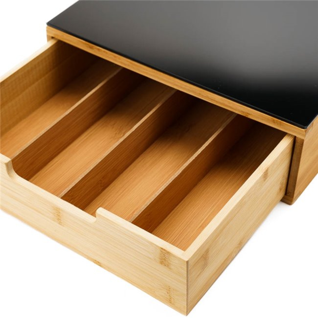 Suport capsule cafea 5Five Blackbamboo, cu sertar, bambus si sticla, 30x30x10 cm, natur si negru