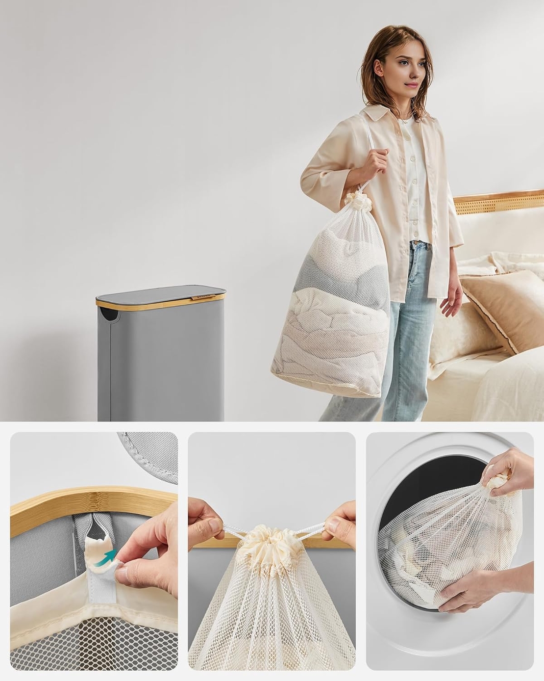 SONGMICS Cos rufe slim pentru spatii inguste, sac detasabil, 65 litri, 42x23x71 cm, gri