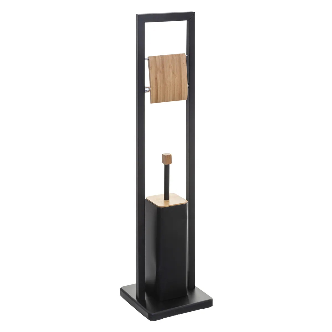 Suport WC cu perie 5Five Natureo, cu suport hartie igienica, metal si bambus, 20x20x80 cm, negru