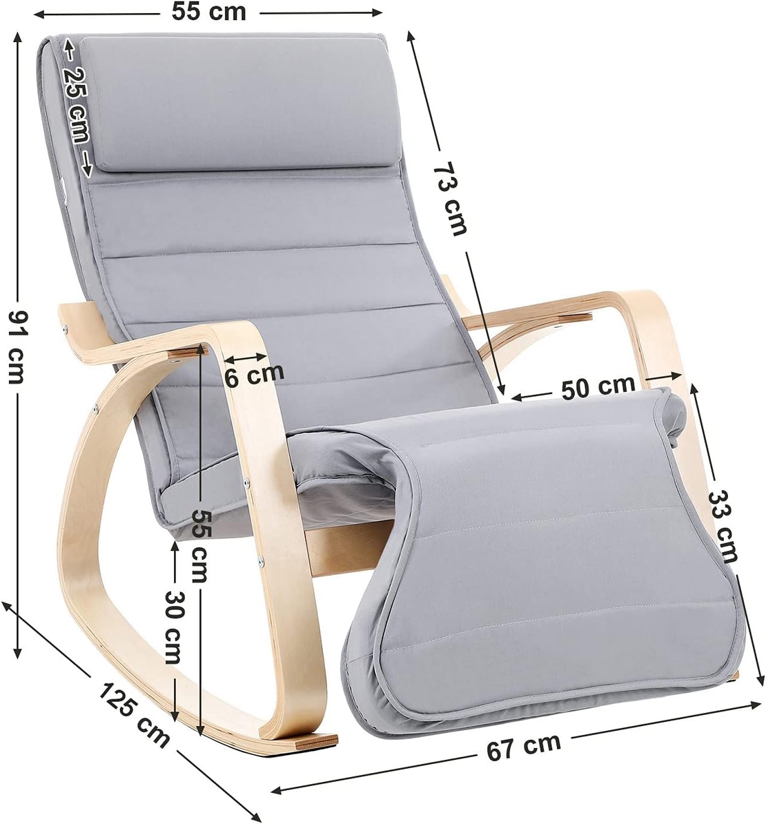 SONGMICS Scaun balansoar din lemn, suport picioare reglabil, maxim 150kg, 67x125x91cm, gri