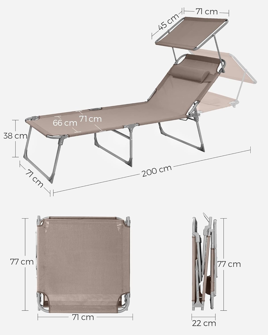 SONGMICS Sezlong pliabil, cu parasolar si tetiera, spatar reglabil in 4 pozitii, maxim 150kg, 200x71x38 cm, taupe