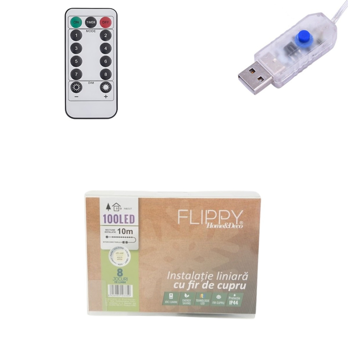 Instalatie de Craciun Liniara, Vafy®, Tip Liniara, Fir Cupru, 8 Jocuri de Lumini, cu Telecomanda, 10 m, 100 Led-uri, Alimentare USB, 4.5V, Alb Cald
