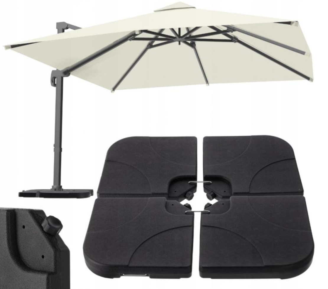 Suport baza umbrela 50x50x8 cm, set 4 elemente umplere cu apa sau nisip, manere metalice, plastic rezistent, negru