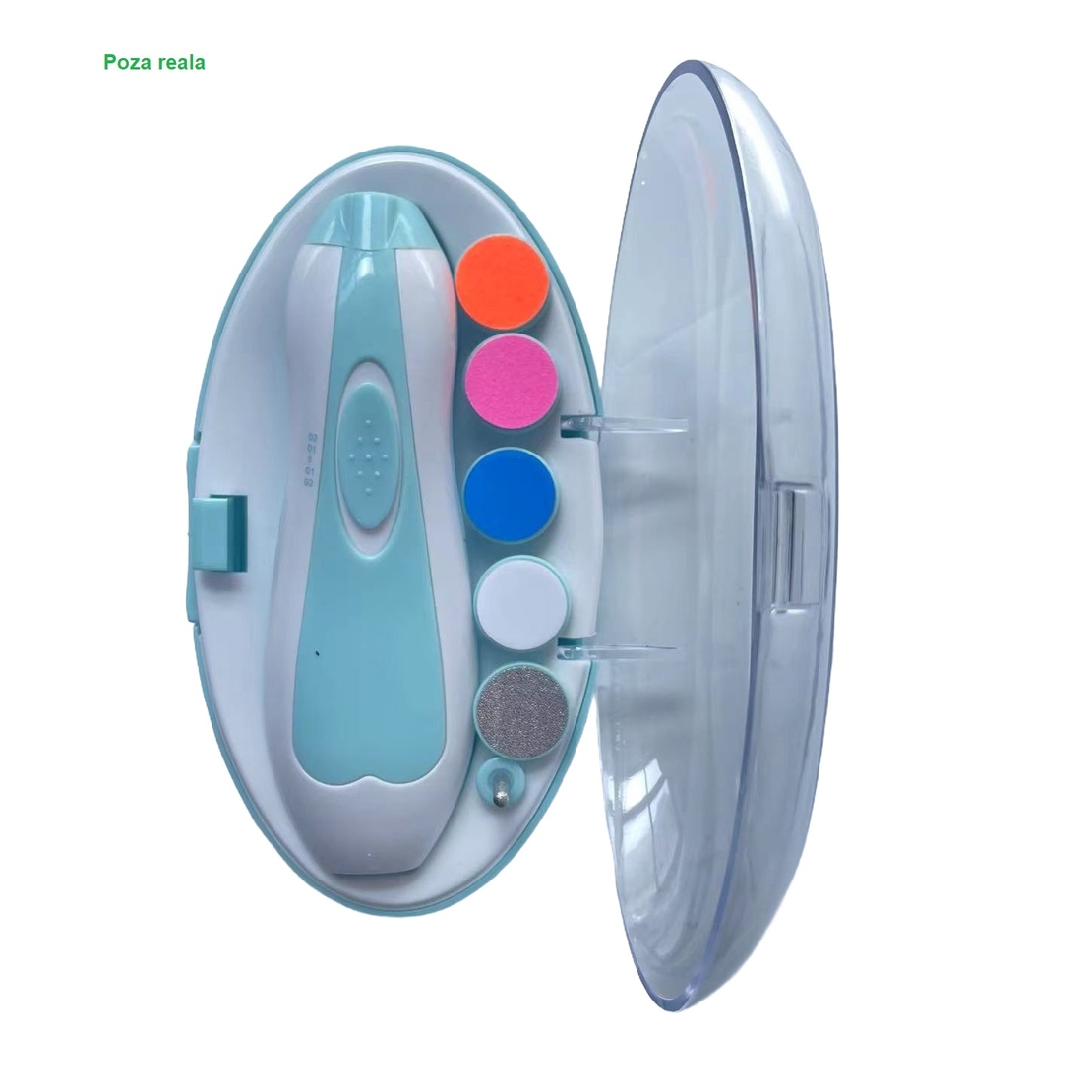 Pila Electrica Unghii pentru Bebelusi, Flippy, 6 Piese, 15 x 4.5 x 3 cm, Silentios, 0-3 Ani, 4 Trepte de Viteza, Albastru