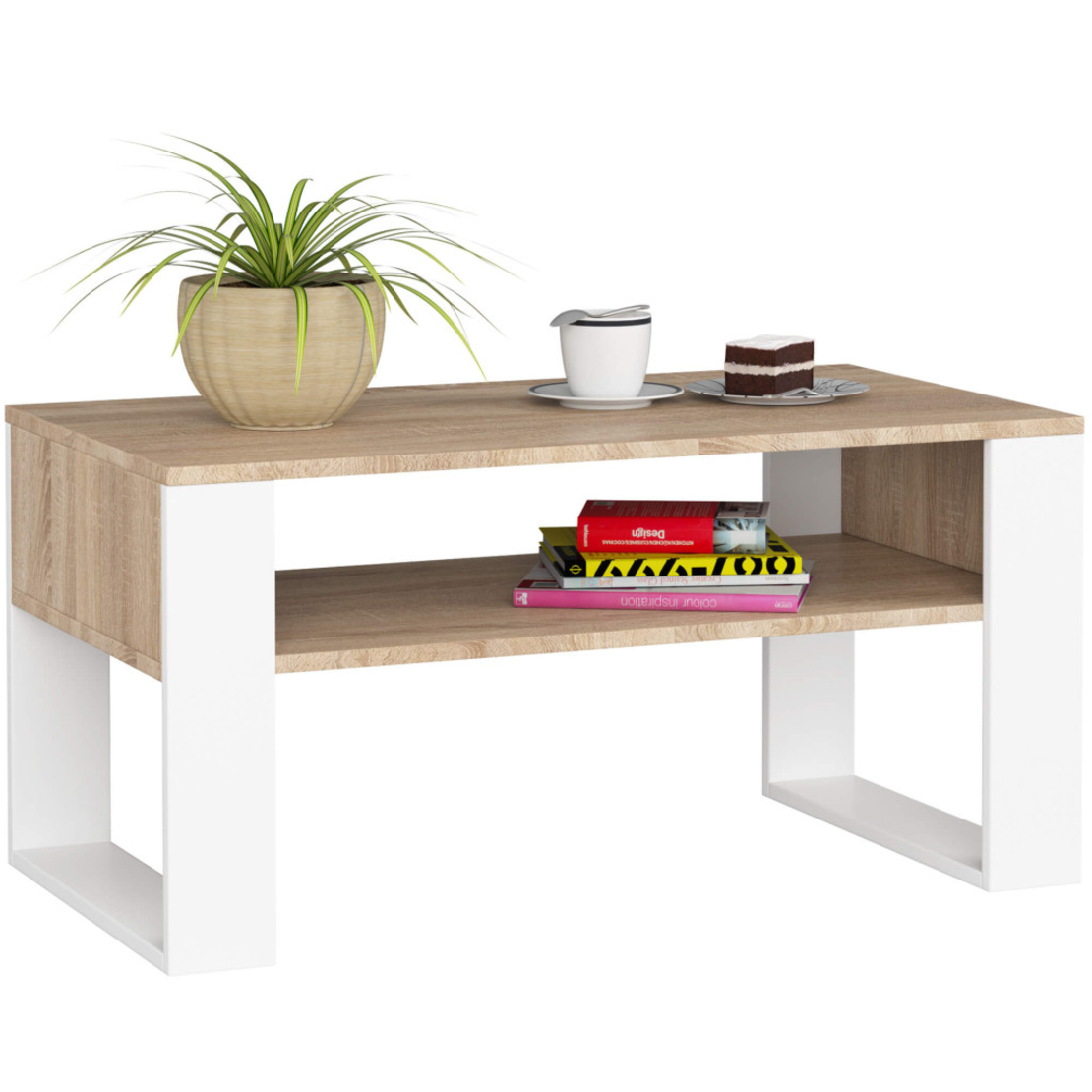 Masuta de cafea Domi cu raft inferior, blat laminat, 92x50x45 cm, stejar sonoma si alb