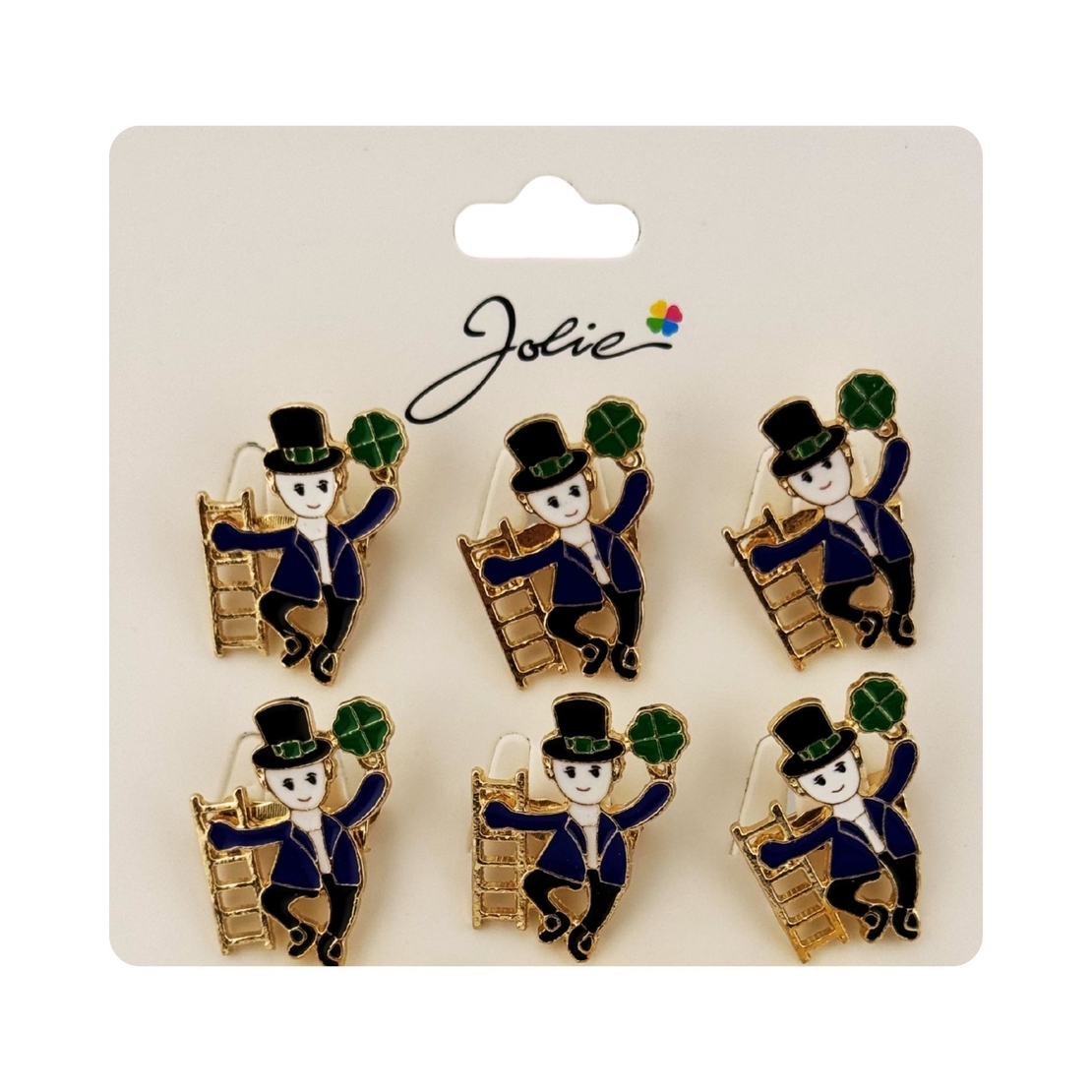 Brose Martisor Primavara Jolie, Set 12 Bucati, Model Elf cu Trifoi Norocos, Brosa din Metal, 3 x 2 cm per Bucata, Albastru inchis
