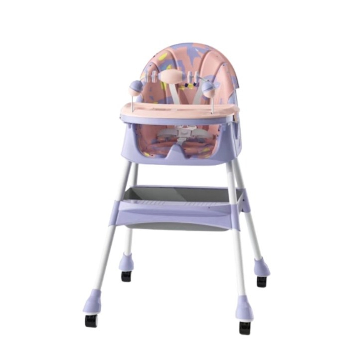 Scaun de Masa 2in1, Flippy, pentru Copii de la 6 luni - 5 Ani, Inaltime Reglabila, Centura in 5 Puncte, Tava de Masa, Roti cu Frana, Cos Depozitare, Jucarie Inclusa, 94 x 78 x 60 cm, Roz/Mov