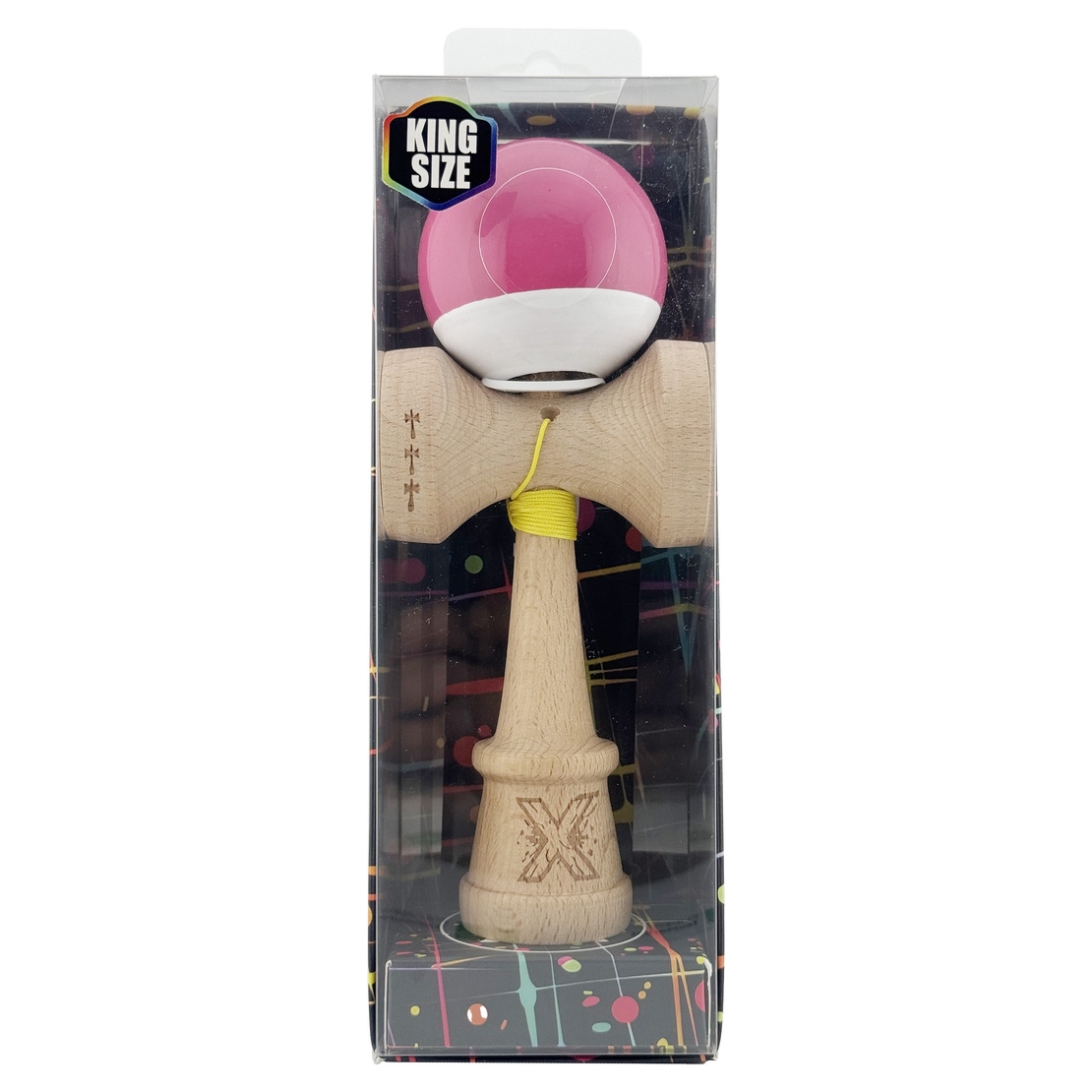 Kendama X Originala, Profesionala, Flippy, Super Sticky cu Cupe Mari KING SIZE V3, Gaura in Baza, Rulment Metalic, din lemn 18 cm, Ata 62/65 cm, Bicolor Roz inchis/Alb