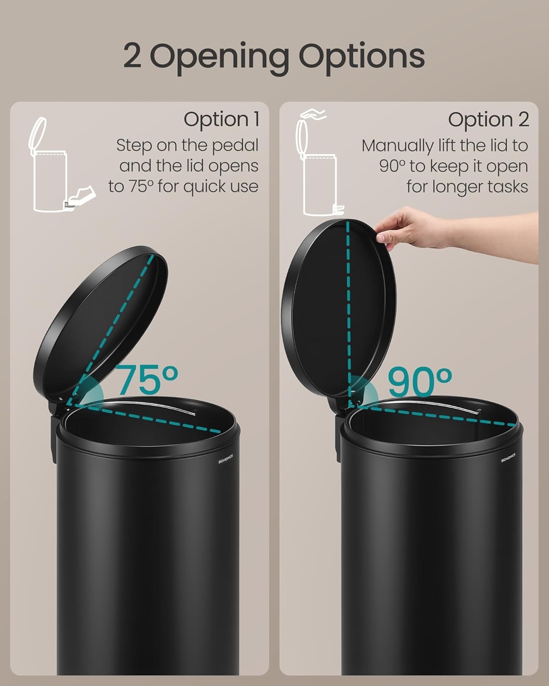 SONGMICS Cos de gunoi cu pedala, capac soft-close, galeata detasabila, otel, 30L, saci menajeri inclusi, negru