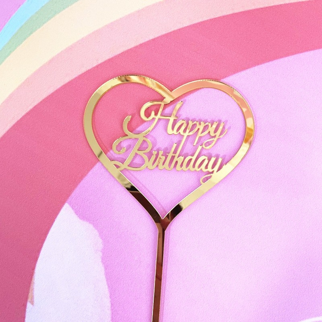 Decoratiune Topper pentru Tort, Flippy, Model Inimioara Scris Happy Birthday, Tematica Aniversare, Auriu