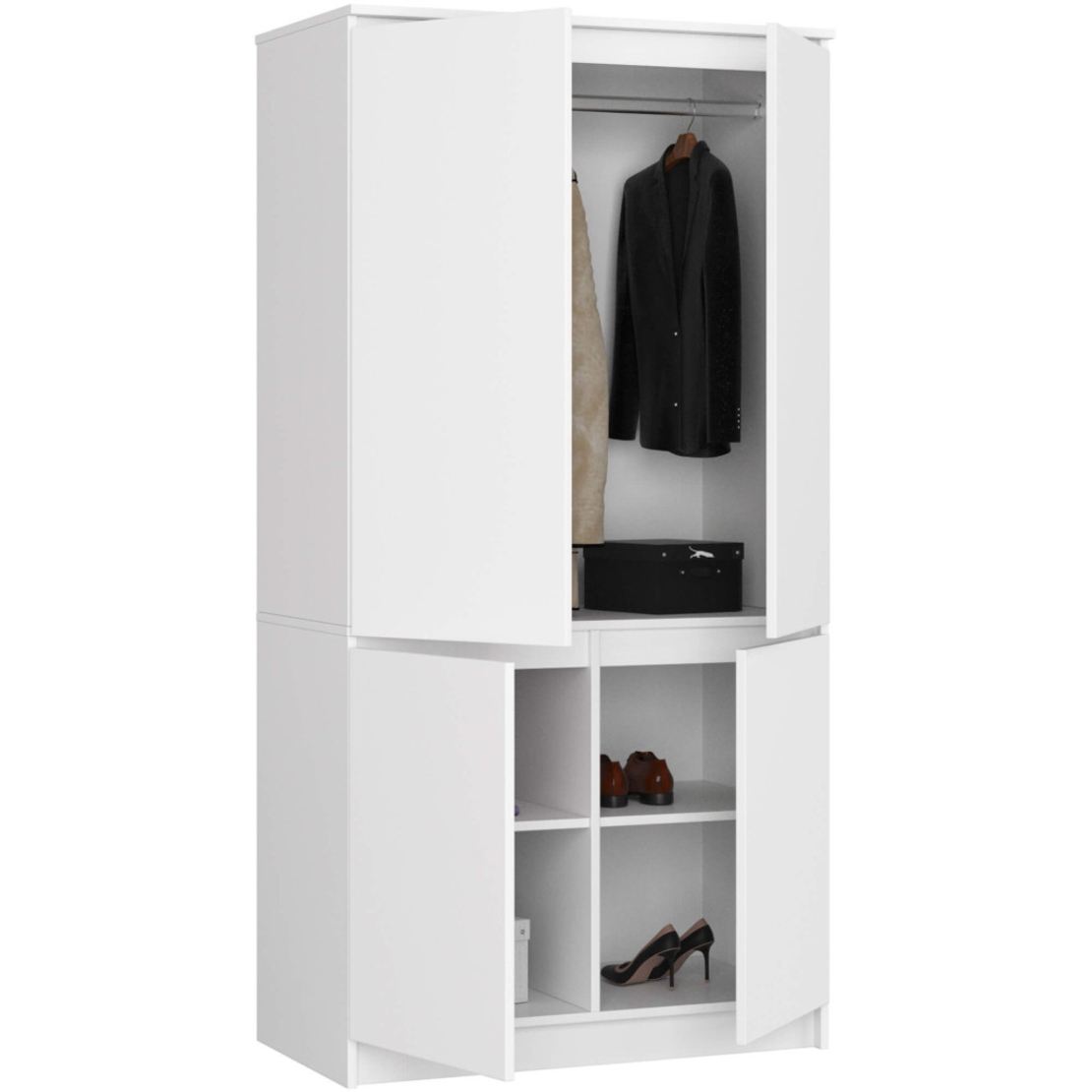 Dulap cu 4 usi, rafturi si bara pentru umerase, PAL laminat, 90x51x180 cm, alb mat