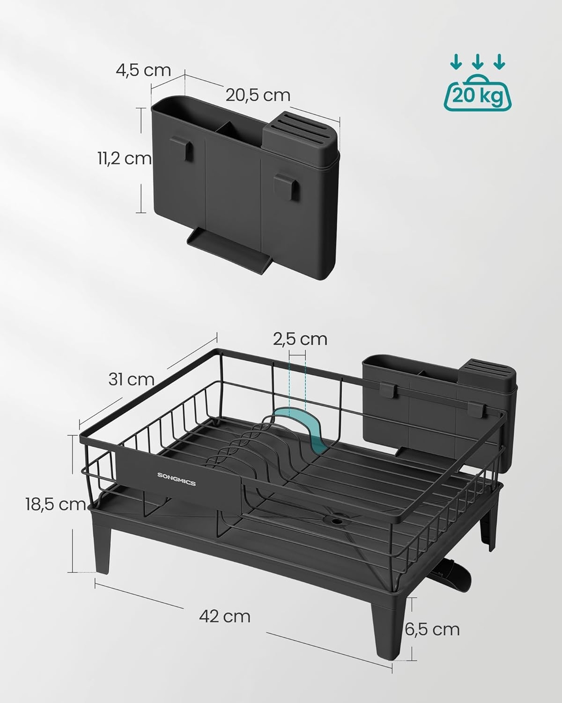 SONGMICS Suport vase metalic, cu tava si scurgere mobila direct in chiuveta, 31x42x19 cm, negru