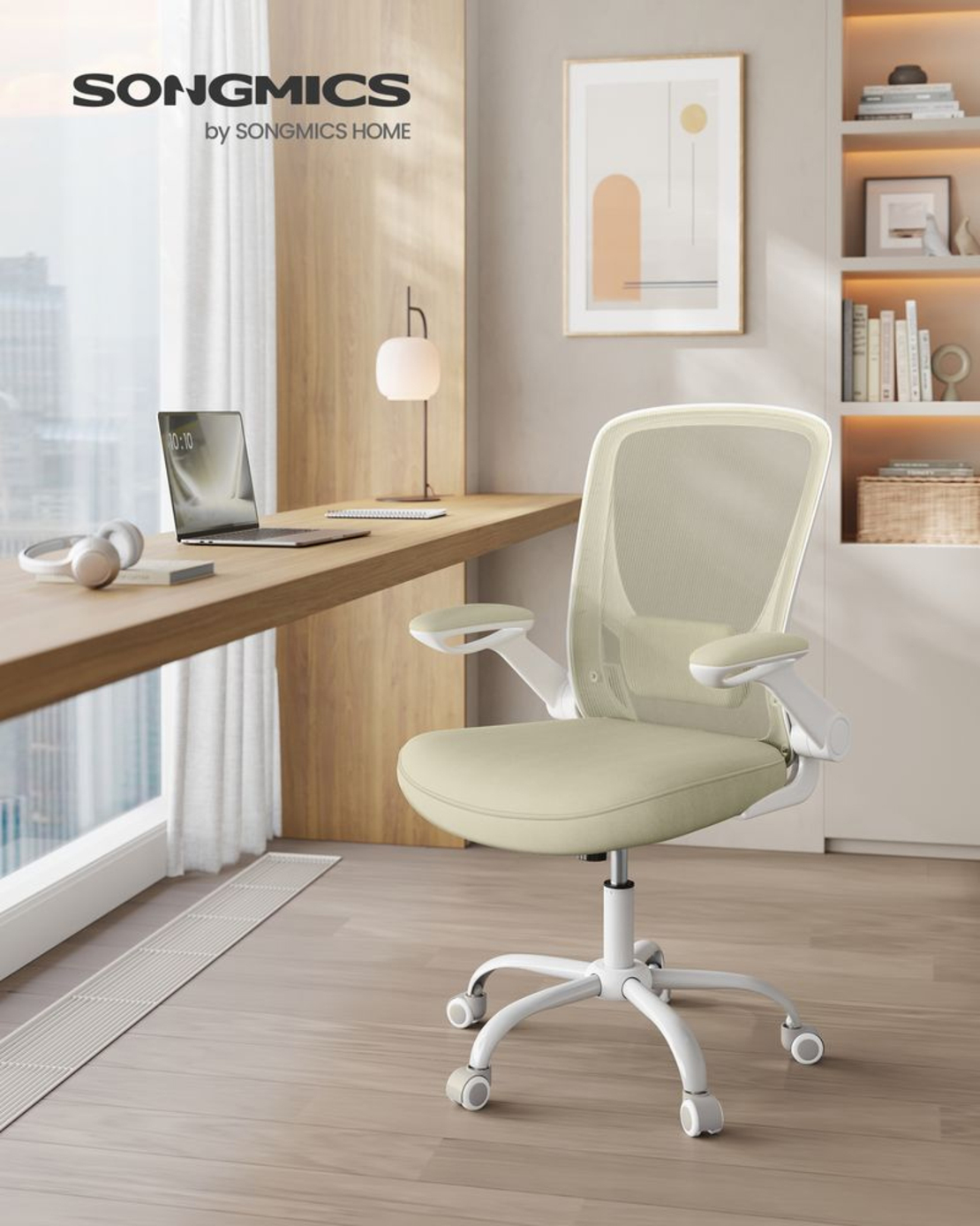 SONGMICS Scaun de birou ergonomic reglabil cu spatar mesh si suport lombar, maxim 120 kg, 64x64x107 cm, bej