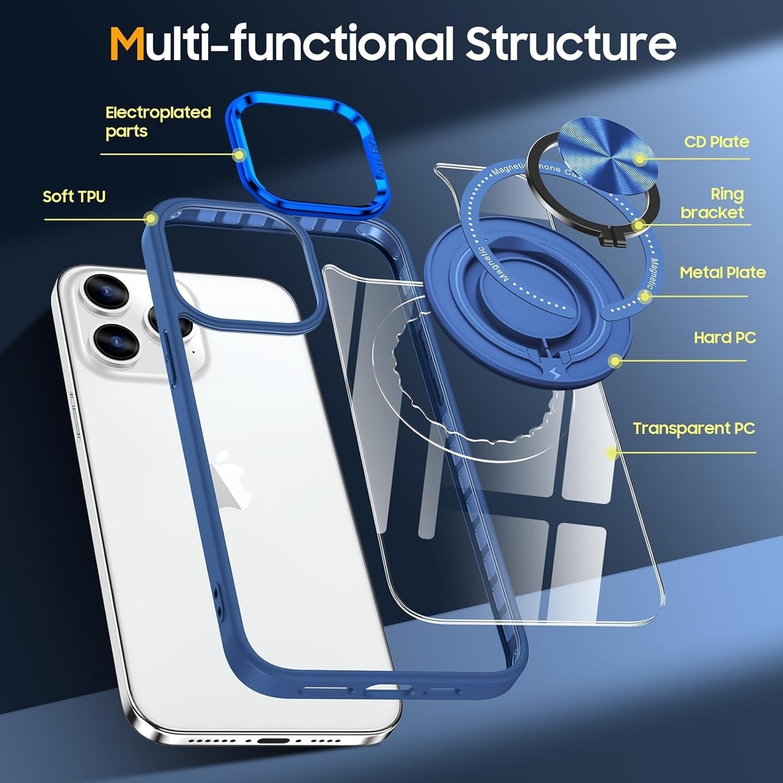 Husa de Protectie TPU, Vafy, pentru iPhone 16 Pro, cu Incarcare Wireless, Tehnologie Magsafe, Inel Magnetic Rotativ cu Functie de Suport, Transparent-Albastru Inchis