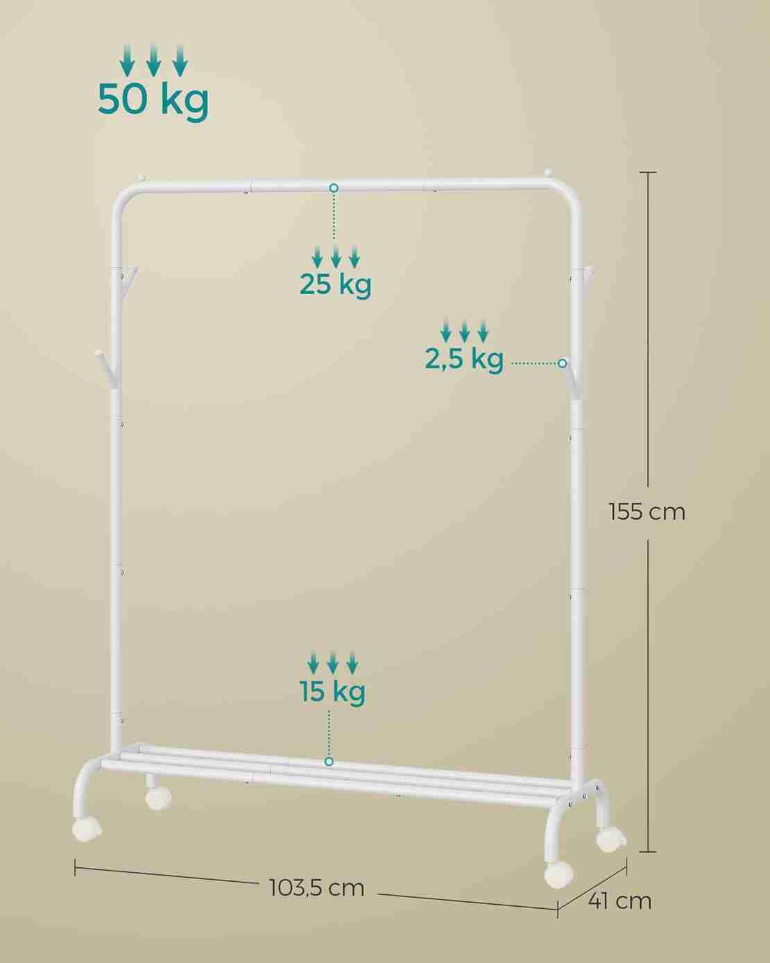SONGMICS Suport haine metalic cu roti si raft inferior, stil industrial, 103x41x155 cm, alb