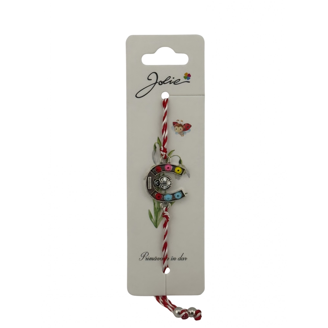 Martisor Bratara cu Snur Alb Rosu Reglabil, Jolie, Model Potcoava Multicolora cu Buburuza, Jolie