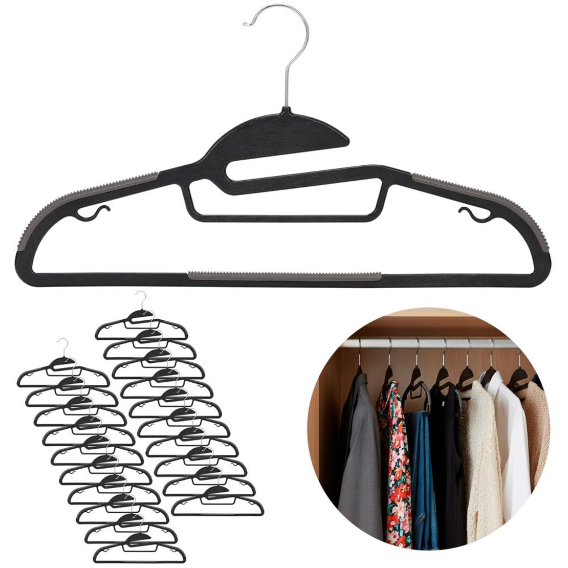 Set de 20 de umerase antiderapante pentru haine, din PE, cu carlig metalic rotativ, 41 cm, negru si gri