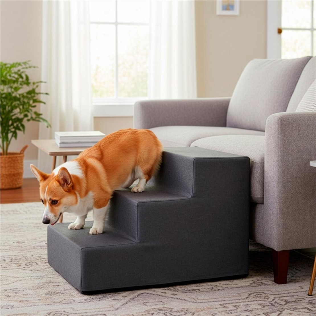 Scara pentru animale de companie, caini sau pisici, 3 trepte, antiderapanta, husa detasabila, inaltime 30 cm, gri inchis